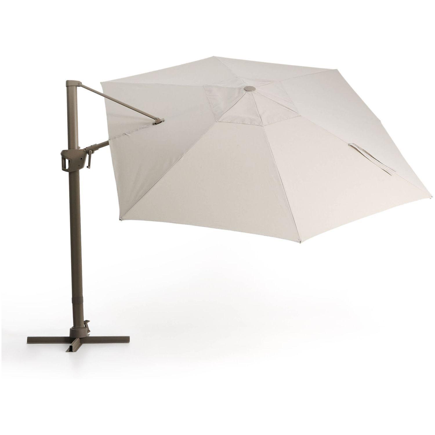Exzentrischer Sonnenschirm Noli in Beige mit taupefarbenem Aluminiumgestell 300x420