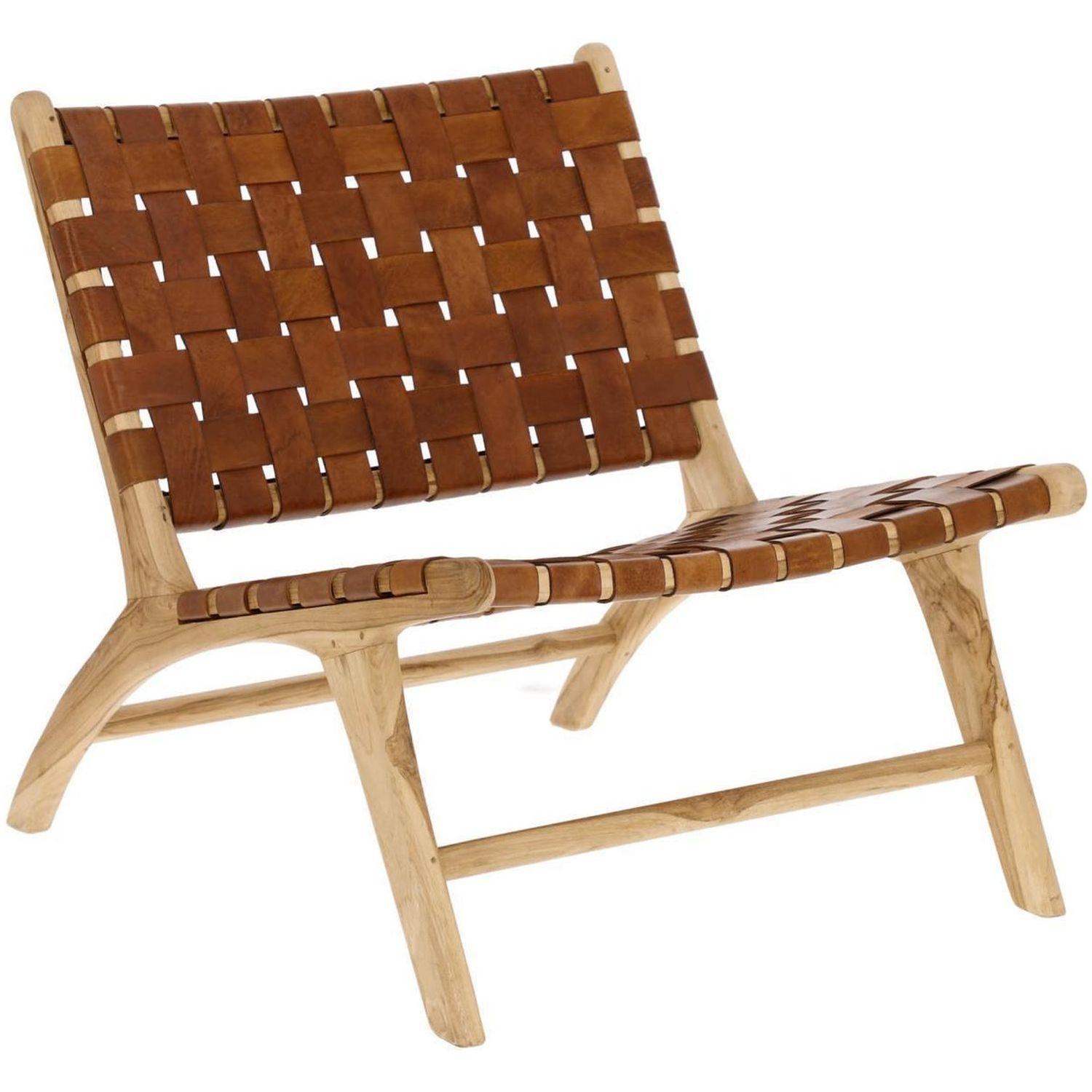 Holzsessel Calixta Teakholz Ledergeflecht braun
