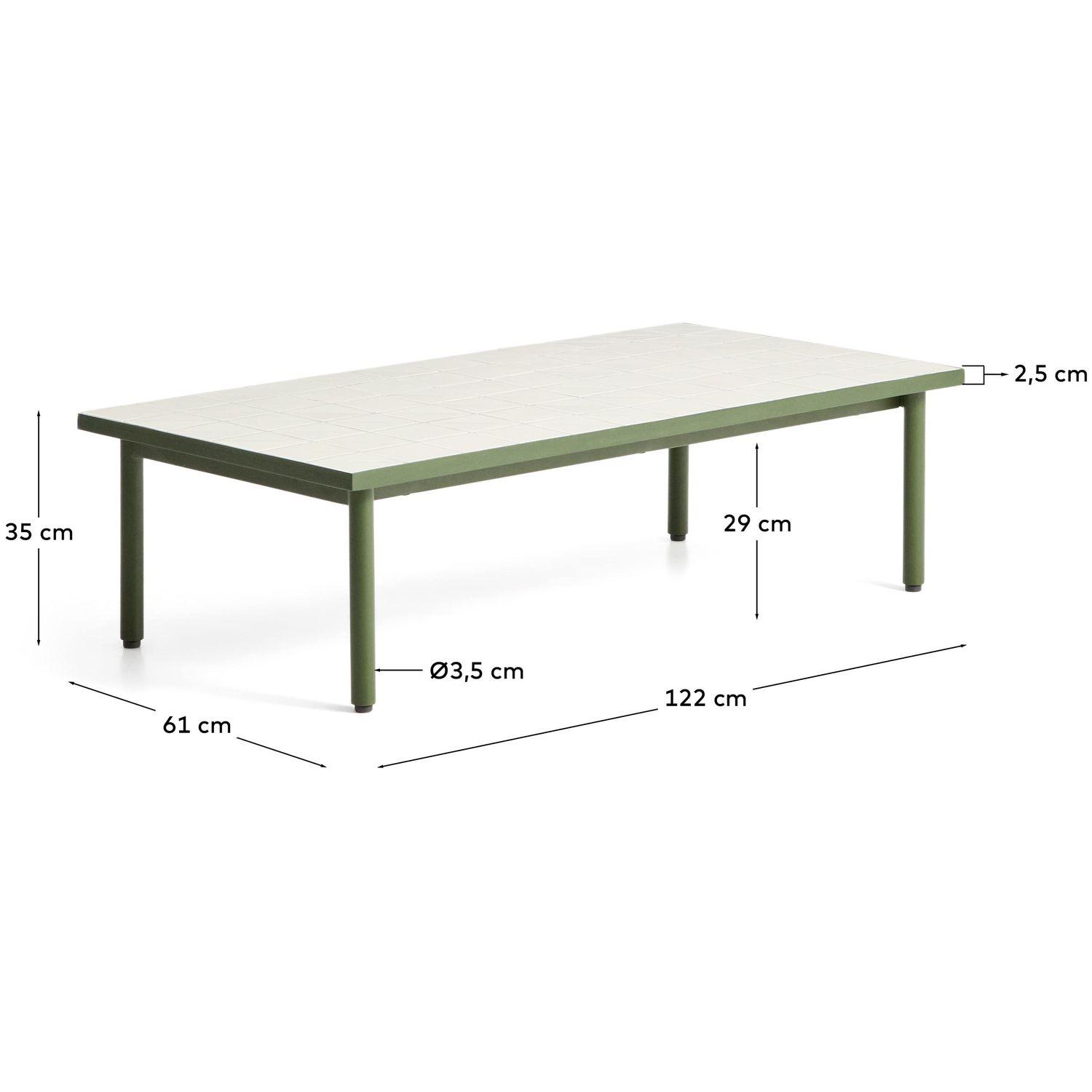 Couchtisch Maurina aus verzinktem Stahl in Grün mit ecrufarbenen Kacheln 122x61